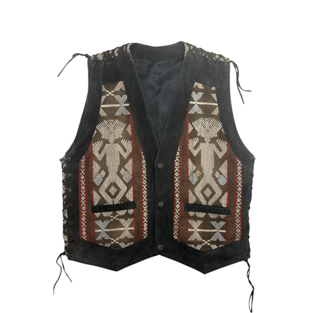 70s Vintage Leather & Southwestern Woven Festival Vest Lace-Up Sides